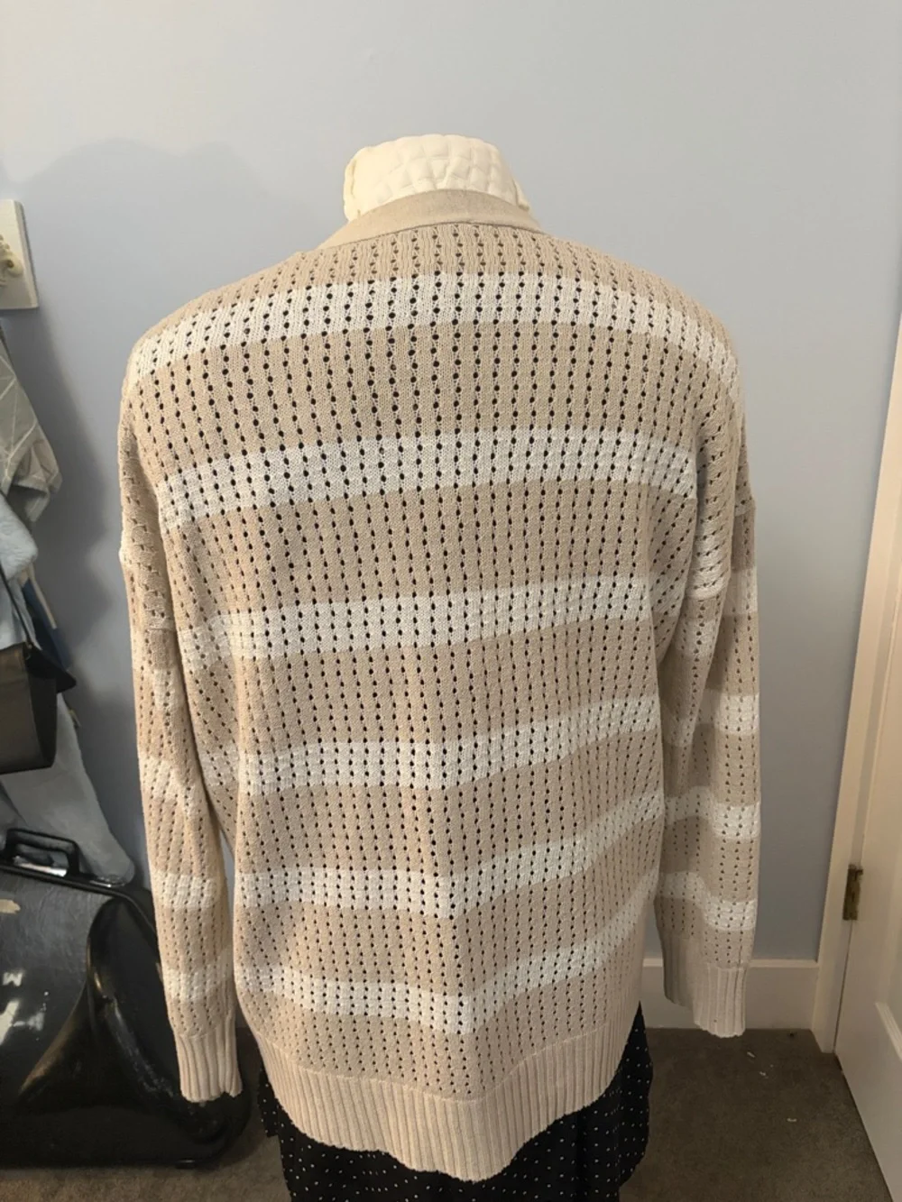 Cyrus Beige and White Striped Open-Front Knit Cardigan - Picture 2 of 3